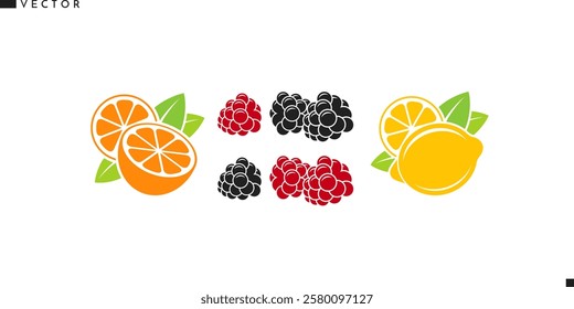 Fresh fruit with berries vector. Isolated orange fruit lemon raspberry and blackberry. Vegan food silhouette