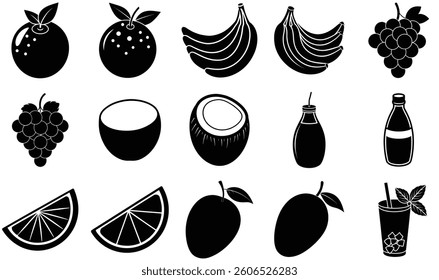 Fresh fruit and berry icons vector set with apple, strawberry, lemon, and pineapple silhouettes, Summer Vacation Icon Set