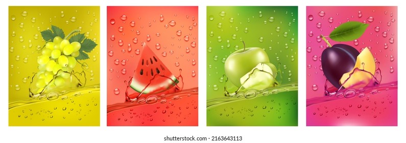 Fresh fruit and berry juice splashing together- grape, apple, plum, watermelon juice drink splashing. 3d fresh fruits. Vector illustration