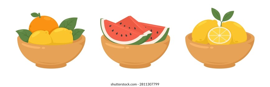 Fresh fruit bowl collection with citrus, watermelon, and lemon, flat vector illustration, ideal for food, nutrition, grocery, kitchen, menu, and healthy lifestyle designs.