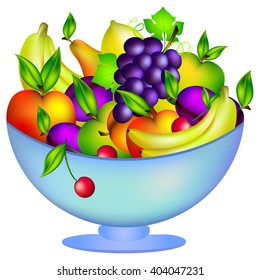 Fresh Fruit In A Bowl, Vector Illustration, Isolated