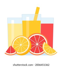 Fresh fruit citrus juice in glass and straw for drinking. Fruit drink with orange, grapefruit, lemon. Vector illustration isolated on white background