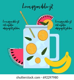 Fresh fruit cocktail in a jar with a straw. Healthy life concept. Place for text. Vector illustration
