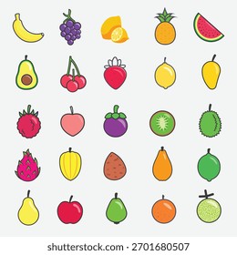 Frische Obstkollektion, Vektorsymbole. Minimale Flachnahrung und Naturdarstellung für ein gesundes Konzept.
