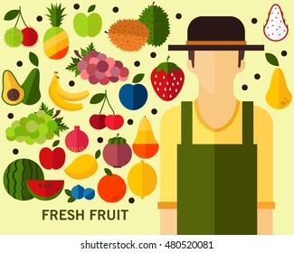 Fresh Fruit concept background. Flat icons.