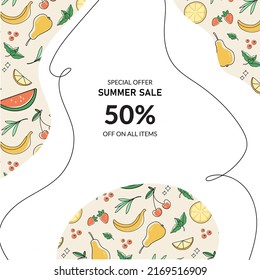Fresh fruit concept. Hand drawn vector illustration. Can be used for shop, market, logo, emblem, social media.
