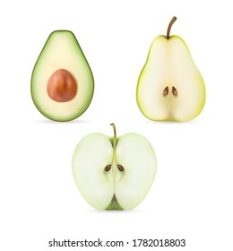 Fresh fruit cutaway. Avocado, pear, apple isolated on white background. 3D Vector illustration