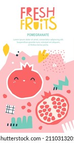 Fruta fresca linda granada. Empaquetado de cosméticos para niños, champú, comida. Cubierta del menú de verano