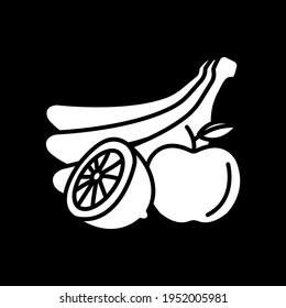 Fresh fruit dark mode glyph icon. Nutrition and nourishment. Lemon, bananas and apple. Dietary food with vitamins. Healthy eating. White silhouette symbol on black space. Vector isolated illustration