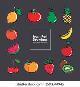 Fresh fruit Drawings. Image of different fruits. Kiwi, tomato,  banana, strawberry, pear, pineapple, watermelon, orange, peach, cherry, apple, lemon. Loose stroke. Editable vector.
