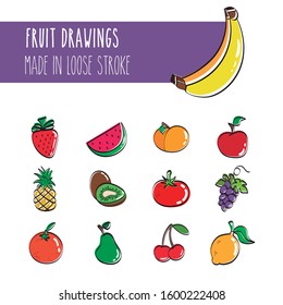 Fresh fruit Drawings. Image of different fruits. Kiwi, tomato,  banana, strawberry, pear, pineapple, watermelon, orange, peach, cherry, apple, lemon. Loose stroke. 