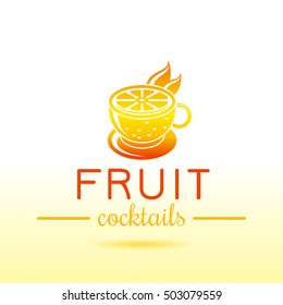 Fresh fruit drink bar logo vector icon. Flat juice elegant symbol. Modern cocktail sign. Isloted silhouette on white. Banner placard template. Summer food, drink concept, orange citrus smoothie emblem