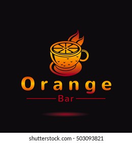 Fresh fruit drink bar logo vector icon. Flat juice elegant symbol. Modern tropical cocktail sign. Isolated silhouette on black. Banner template. Summer food drink concept orange citrus smoothie emblem