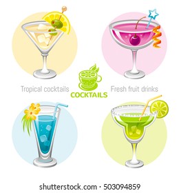 Fresh fruit drink bar logo vector icon set. Flat tropical alcohol cocktail sign menu. Icons isolated on white. Martini, margarita, blue hawaii curacao, Manhatten. Banner template. Summer drink concept