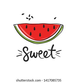 Fresh fruit and english text, hand drawn backdrop. Colorful wallpaper vector. Ripe watermelon. Decorative illustration, good for printing. Overlapping background design, lettering. Sweet