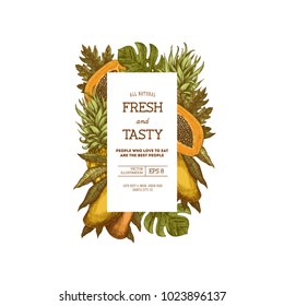 Fresh fruit frame. Tropical fruit design template. Vector illustration