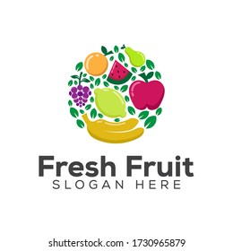 Fresh fruit healthy food or diet food logo, banana, pear, apple, lemon, watermelon, orange, grape design vector