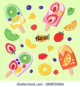 Fresh Fruit And Ice Cream Popsicle Vector Pattern Illustration Asset Collection