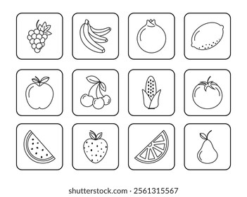 Fresh Fruit Icon Set. Brighten up your projects with this vibrant Fresh Fruit Icon Set. This collection features high-quality crafted icons representing a variety of fresh produce.