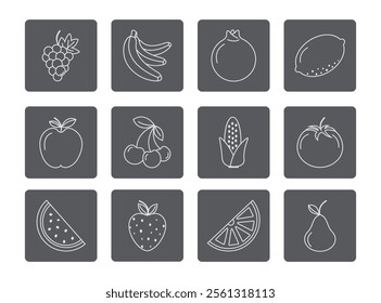 Fresh Fruit Icon Set. Brighten up your projects with this vibrant Fresh Fruit Icon Set. This collection features high-quality crafted icons representing a variety of fresh produce.