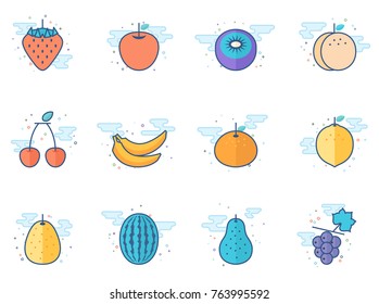Fresh fruit icons in flat color style. Vector illustration.