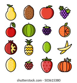 Fresh fruit icons set flat line art isolated vector illustration