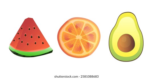 Fresh Fruit Illustrations Featuring Watermelon, Orange, and Avocado