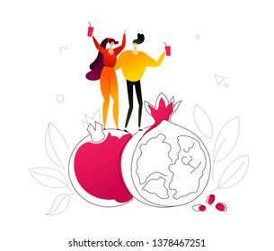 Fresh fruit and juice - flat design style colorful illustration on white background. A composition with a man and woman drinking cocktails, linear images of pomegranates. Healthy lifestyle concept