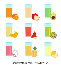 Fresh fruit juice healthy drink in flat design on white background.