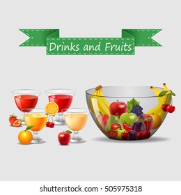 Fresh fruit and juice. illustration