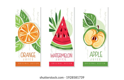 Fresh Fruit Juice Labels Set, Orange, Watermelon, Apple Juice Emblems, Packaging Design Templates Cartoon Style Vector Illustration