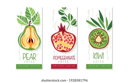 Fresh Fruit Juice Labels Set, Pear, Pomegranate, Kiwi Juice Emblems, Packaging Design Templates Cartoon Style Vector Illustration