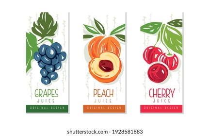Fresh Fruit Juice Labels Set, Grapes, Peach, Cherry Juice Emblems, Packaging Design Templates Cartoon Style Vector Illustration
