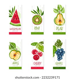 Fresh fruit juice logo design set. Watermelon, kiwi, pear, apple cherry, grapes juice labels, badges vector illustration