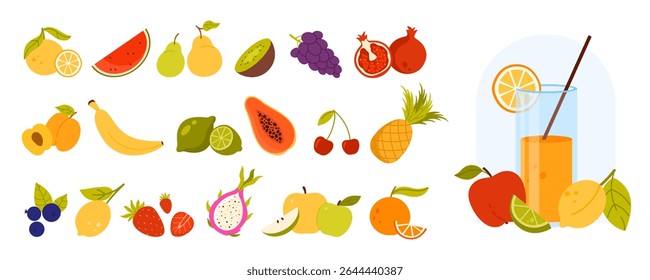 Fresh fruit juice or smoothie, restaurant food menu constructor. Different whole fruits and slices, infographic poster with ingredients to create recipe for glass of juice cartoon vector illustration