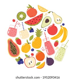 Fresh fruit and juice or smoothies collection in round shape. Glass and bottles with drinking straw, different fruits. Hand drawn vector illustration. Concept for restaurant, cafe, bar menu.
