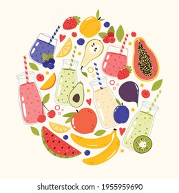 Fresh fruit and juice or smoothies collection in round shape. Glass and bottles with drinking straw, different fruits. Hand drawn vector illustration. Concept for restaurant, cafe, bar menu.
