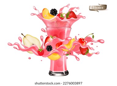 Fresh fruit juice splash wave. Whole and sliced strawberry, raspberry, cherry, pear, peach in a sweet syrup wave with splashes and glass with juice isolated on transparent background. Vector.