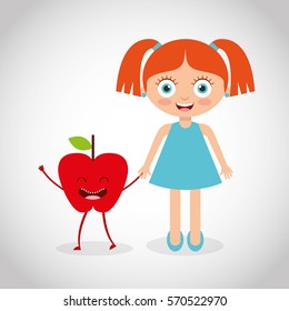 fresh fruit with kid comic character vector illustration design
