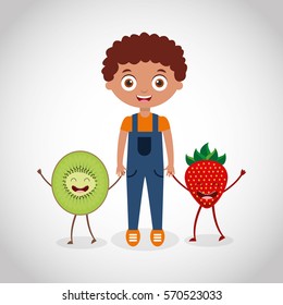 fresh fruit with kid comic character vector illustration design