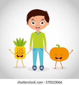 fresh fruit with kid comic character vector illustration design