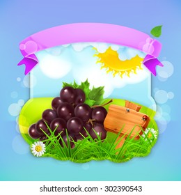 Fresh fruit label grape, vector illustration background for making design of a juice pack, jam jar etc