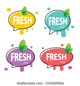 Fresh fruit label icon. Orange, lemon, berry, peach healthy juice sticker design. Vector collection of bright and shining stickers of berry and orange juice