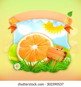 Fresh fruit label orange, vector illustration background for making design of a juice pack, jam jar etc