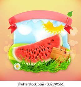 Etiqueta de fruta fresca sandía, fondo de ilustración vectorial para el diseño de un paquete de jugo, tarro de mermelada, etc