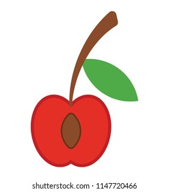 
A fresh fruit with a leaf, stem and seed depicting cherry
