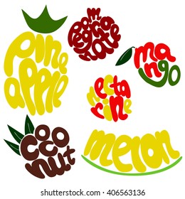 Fresh fruit lettering vector set. Sweet fruit lettering. Hand drawn fruit names. Vector lettering fruit titles. Coconut lettering. Pineapple lettering. Melon lettering. Mango lettering. Lettering font