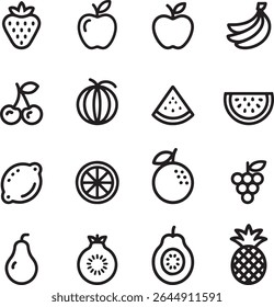  Fresh Fruit Line Icons Apples, Bananas, Strawberries, Summer Fruits Collection	