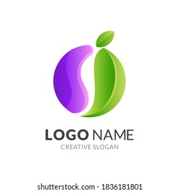 fresh fruit logo, fruit and leaf, combination logo with 3d purple and green color style
