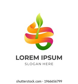 fresh fruit logo, leaf and fruit, combination logo with 3d orange and green color style